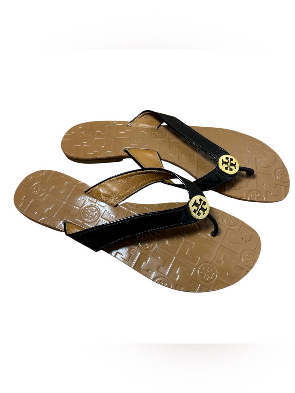Tory Burch Thora Black Patent Leather Thong Sandals Flip Flops Gold Medallion